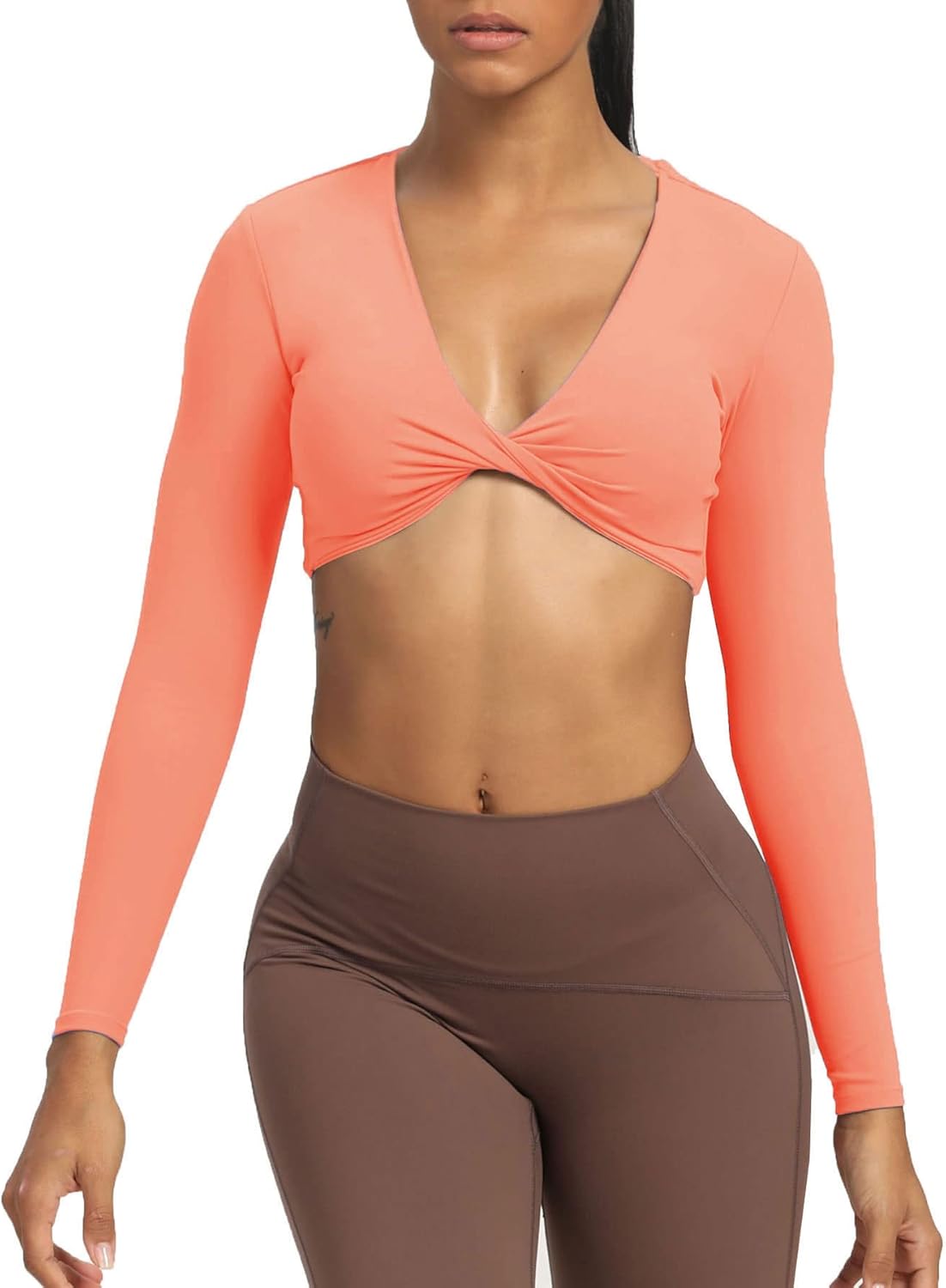 Aoxjox Long Sleeve Crop Tops for Women Sienna Twist Deep V Workout Crop T Shirt TopPapaya