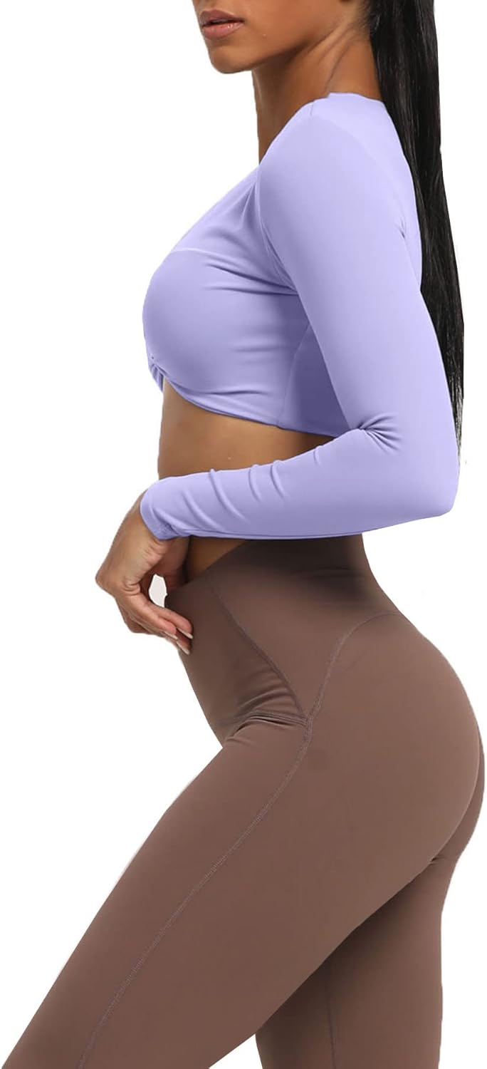 Aoxjox Long Sleeve Crop Tops for Women Sienna Twist Deep V Workout Crop T Shirt TopPurple Heather