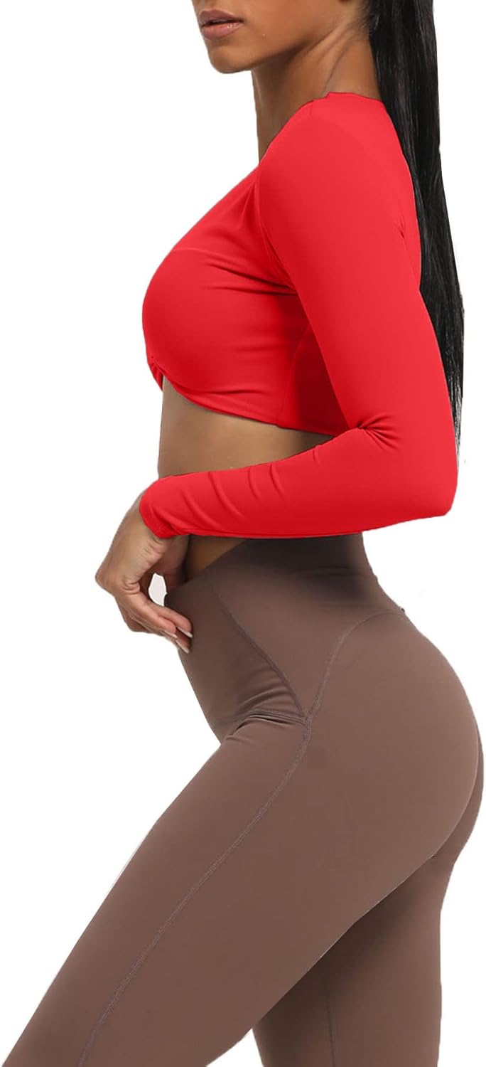 Aoxjox Long Sleeve Crop Tops for Women Sienna Twist Deep V Workout Crop T Shirt TopRacing Red