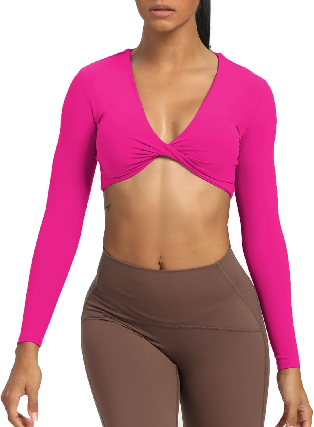 Aoxjox Long Sleeve Crop Tops for Women Sienna Twist Deep V Workout Crop T Shirt TopRose Red