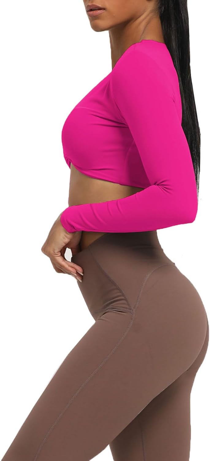 Aoxjox Long Sleeve Crop Tops for Women Sienna Twist Deep V Workout Crop T Shirt TopRose Red