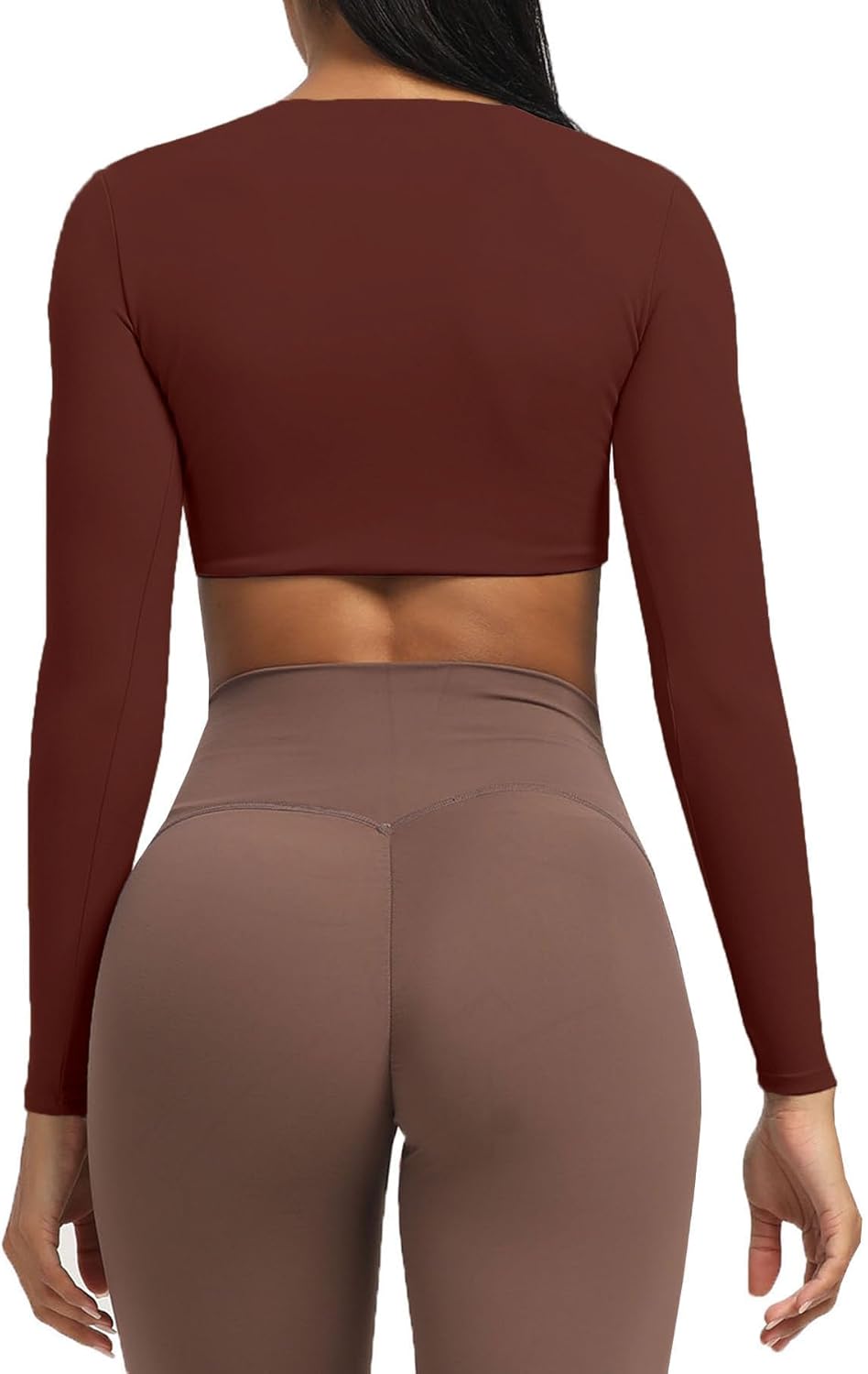 Aoxjox Long Sleeve Crop Tops for Women Sienna Twist Deep V Workout Crop T Shirt TopRum Raisin