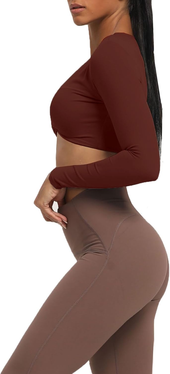 Aoxjox Long Sleeve Crop Tops for Women Sienna Twist Deep V Workout Crop T Shirt TopRum Raisin