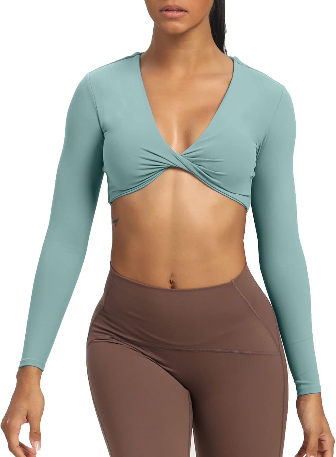 Aoxjox Long Sleeve Crop Tops for Women Sienna Twist Deep V Workout Crop T Shirt TopSage Green