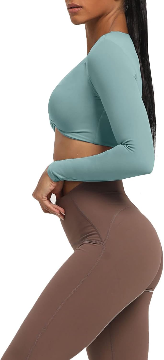Aoxjox Long Sleeve Crop Tops for Women Sienna Twist Deep V Workout Crop T Shirt TopSage Green