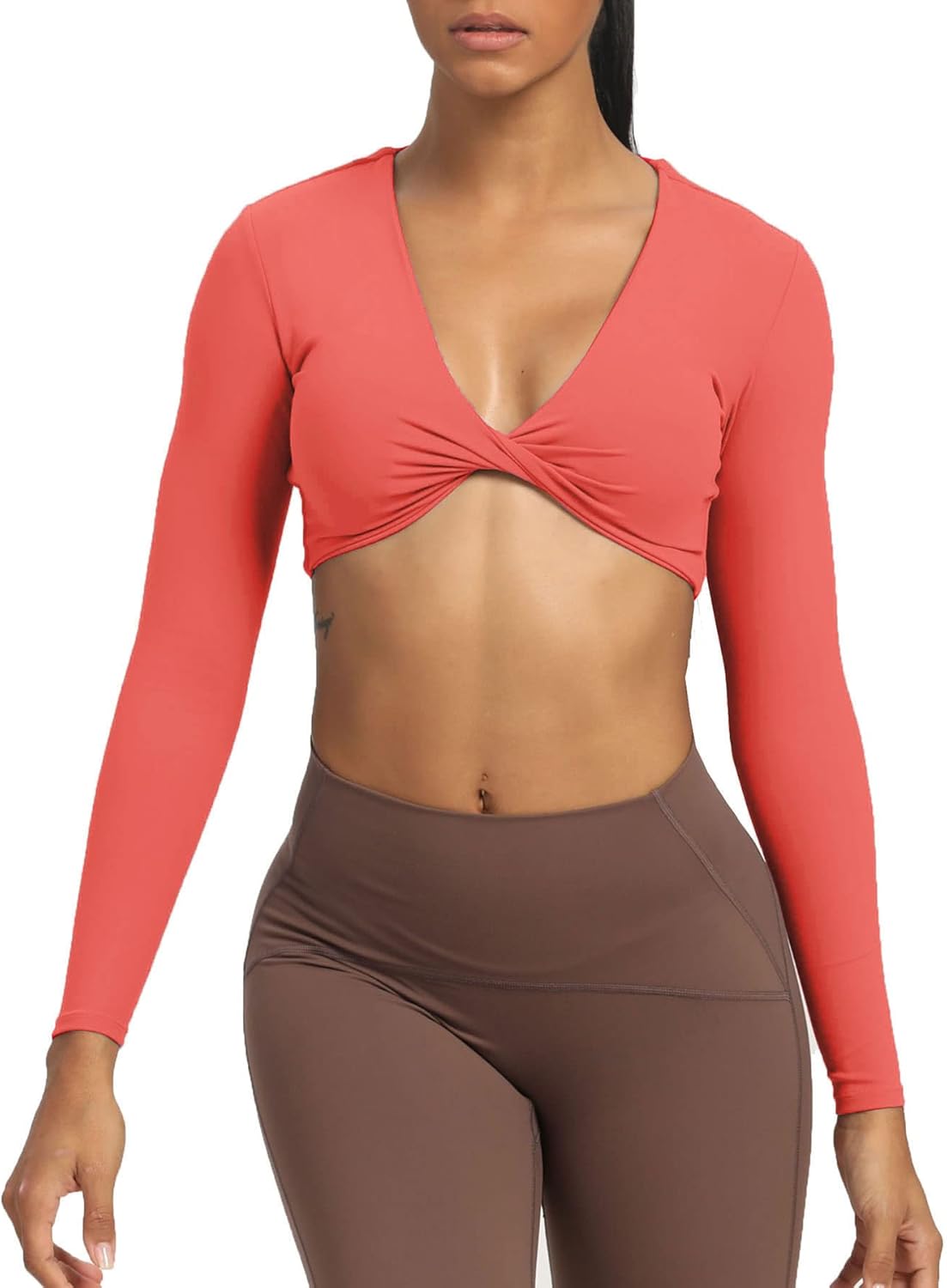Aoxjox Long Sleeve Crop Tops for Women Sienna Twist Deep V Workout Crop T Shirt TopSpiced Coral
