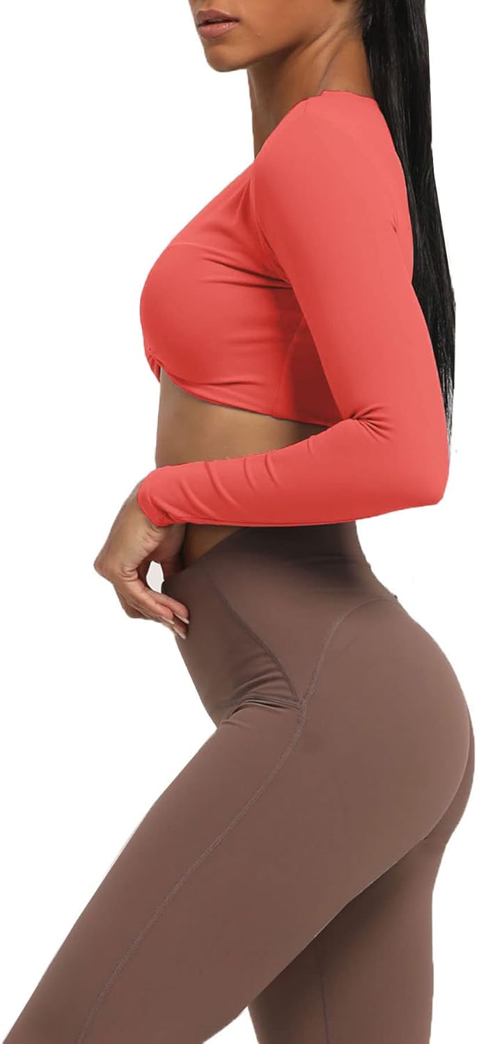 Aoxjox Long Sleeve Crop Tops for Women Sienna Twist Deep V Workout Crop T Shirt TopSpiced Coral