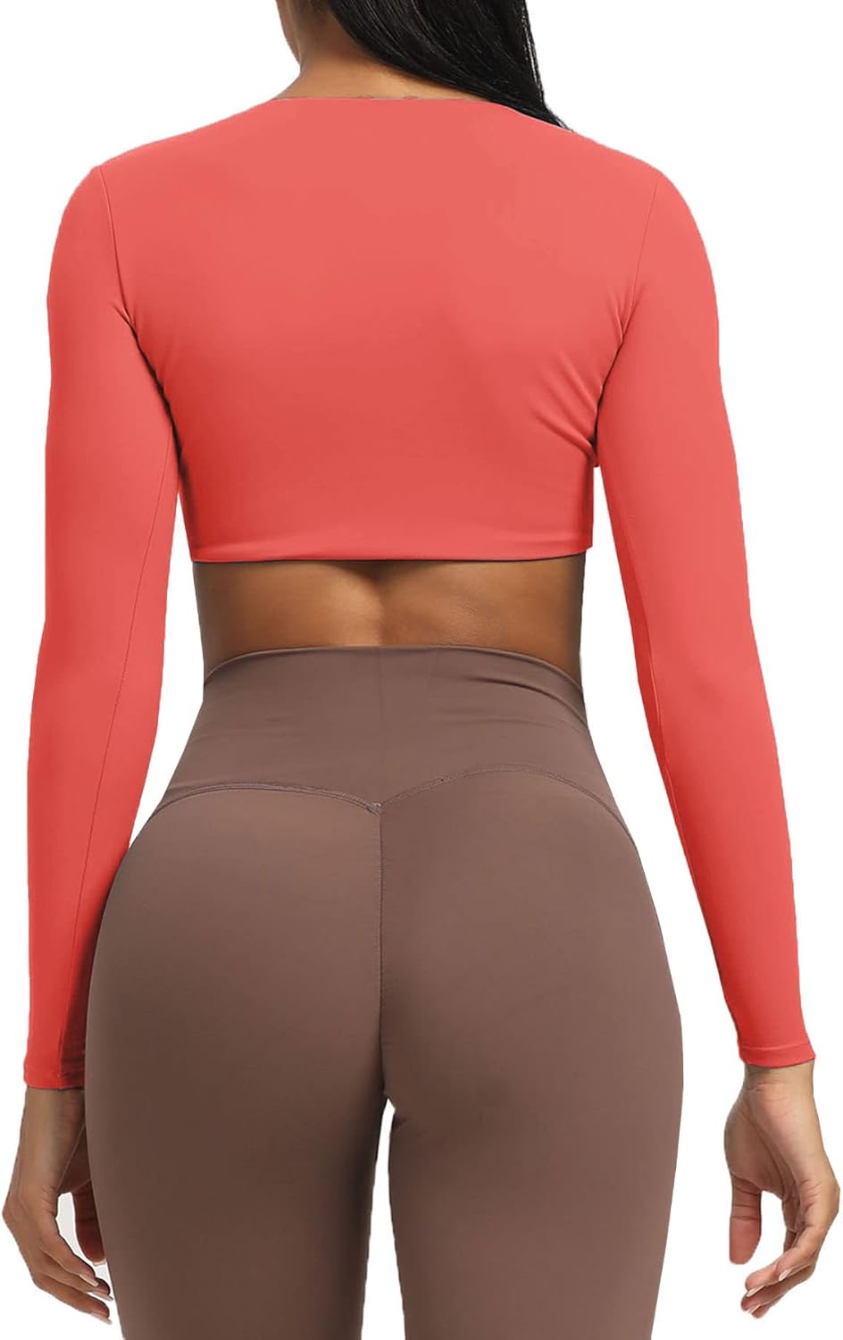 Aoxjox Long Sleeve Crop Tops for Women Sienna Twist Deep V Workout Crop T Shirt TopSpiced Coral