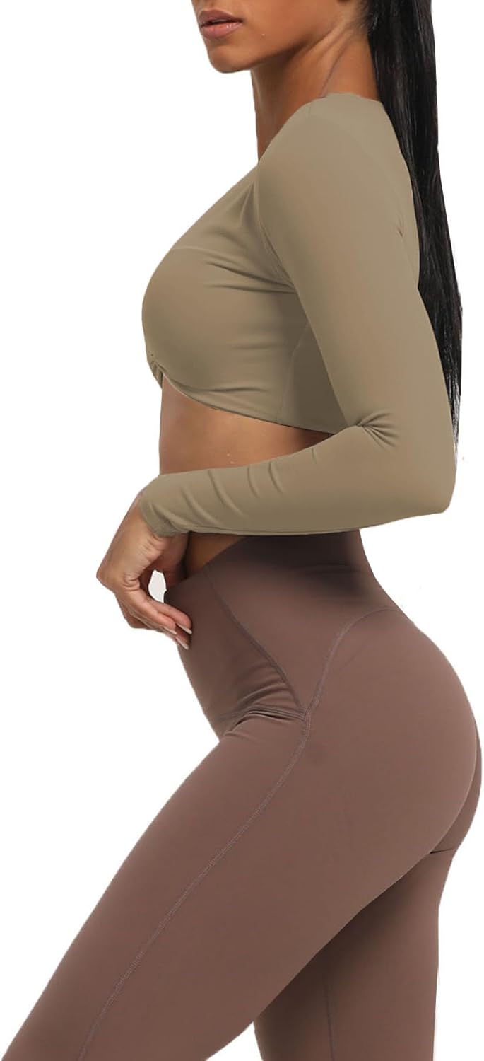 Aoxjox Long Sleeve Crop Tops for Women Sienna Twist Deep V Workout Crop T Shirt TopTaupe