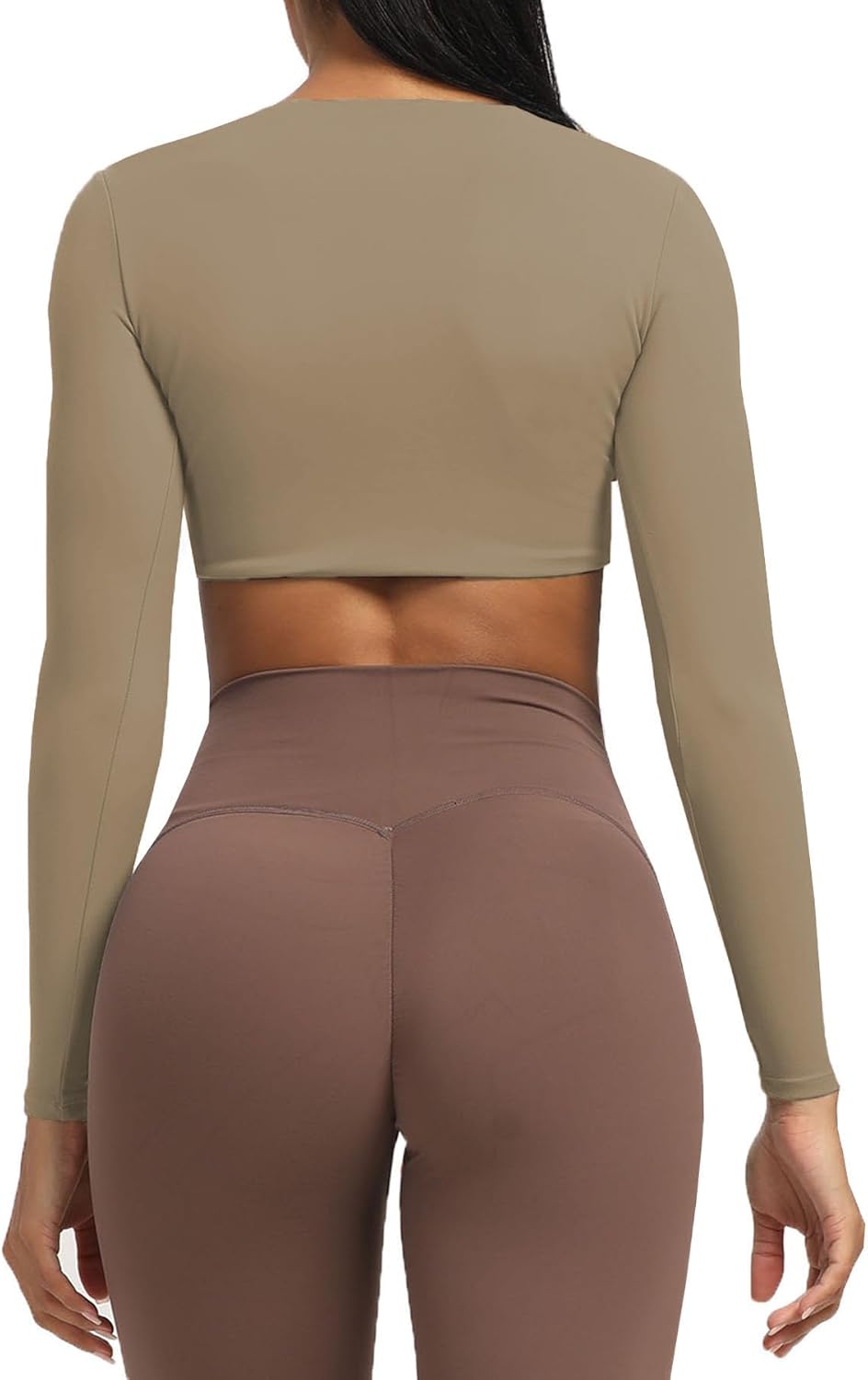 Aoxjox Long Sleeve Crop Tops for Women Sienna Twist Deep V Workout Crop T Shirt TopTaupe