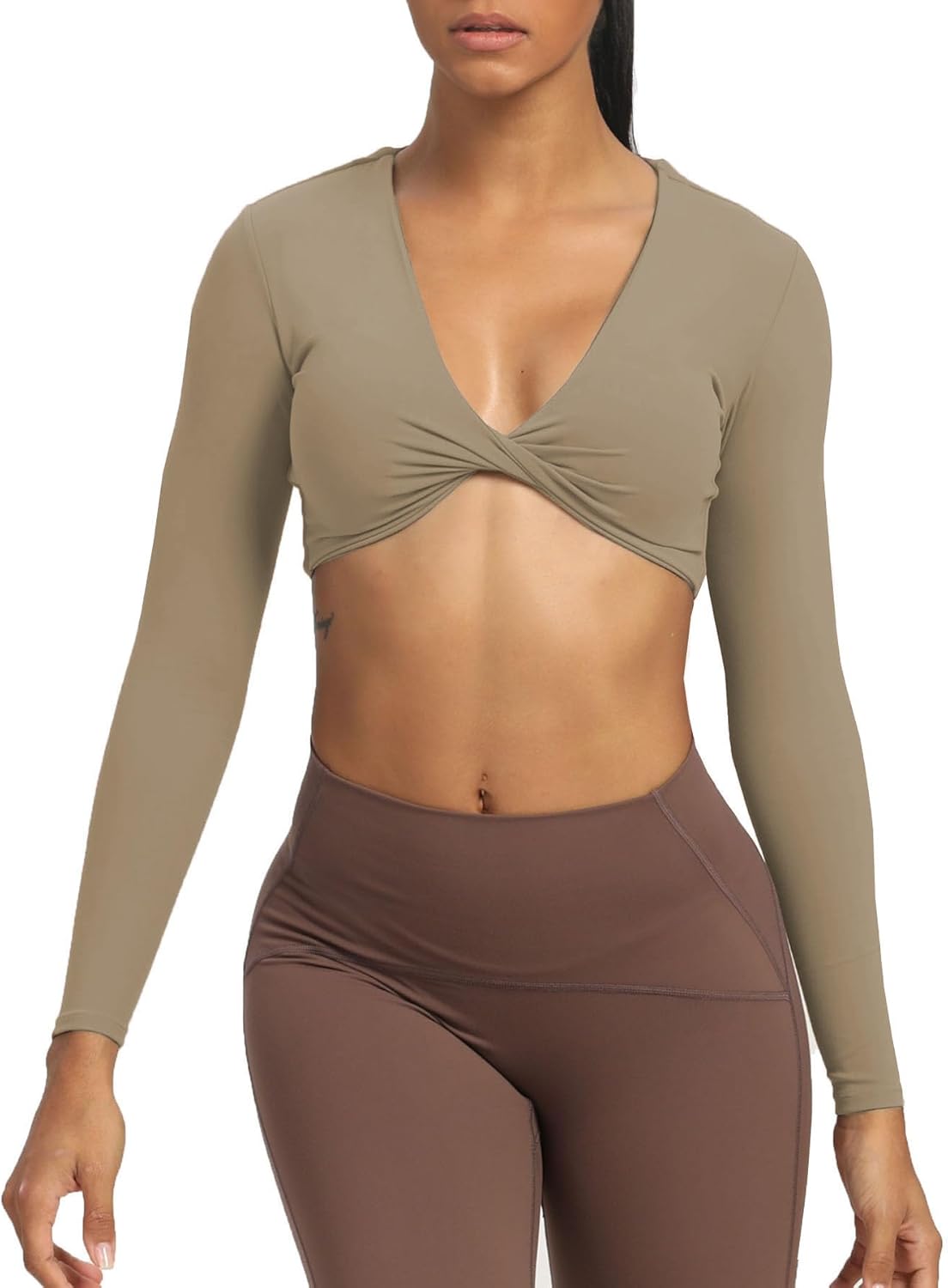 Aoxjox Long Sleeve Crop Tops for Women Sienna Twist Deep V Workout Crop T Shirt TopTaupe
