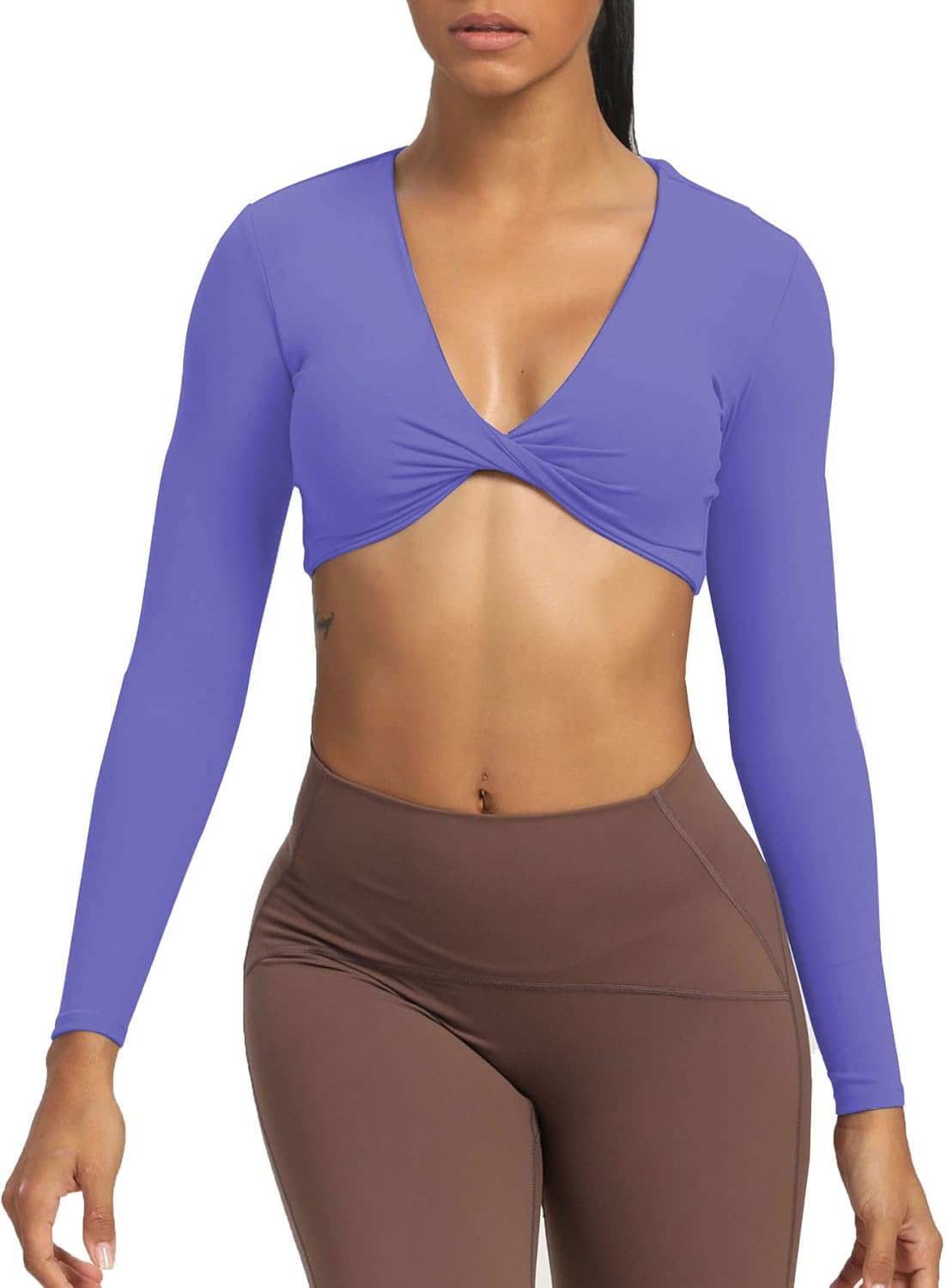 Aoxjox Long Sleeve Crop Tops for Women Sienna Twist Deep V Workout Crop T Shirt TopViolet