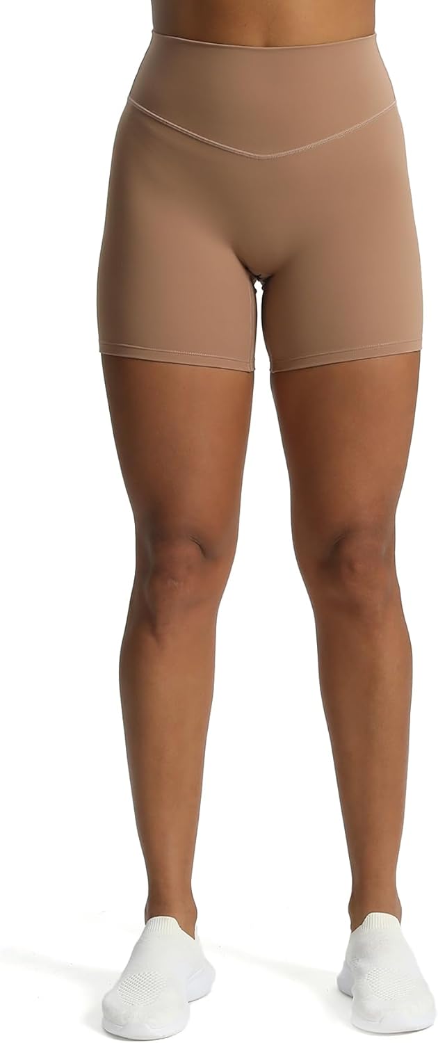 Aoxjox Metamorph Workout Biker Shorts for Women Tummy Control High Waisted Athletic Gym Running Deep V Yoga Shorts 6quotBrownie