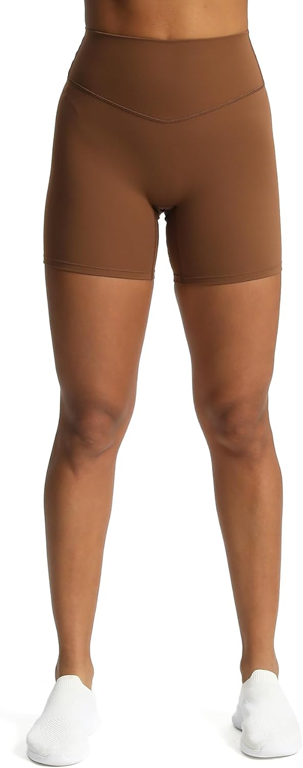 Aoxjox Metamorph Workout Biker Shorts for Women Tummy Control High Waisted Athletic Gym Running Deep V Yoga Shorts 6quotDandelion Brown
