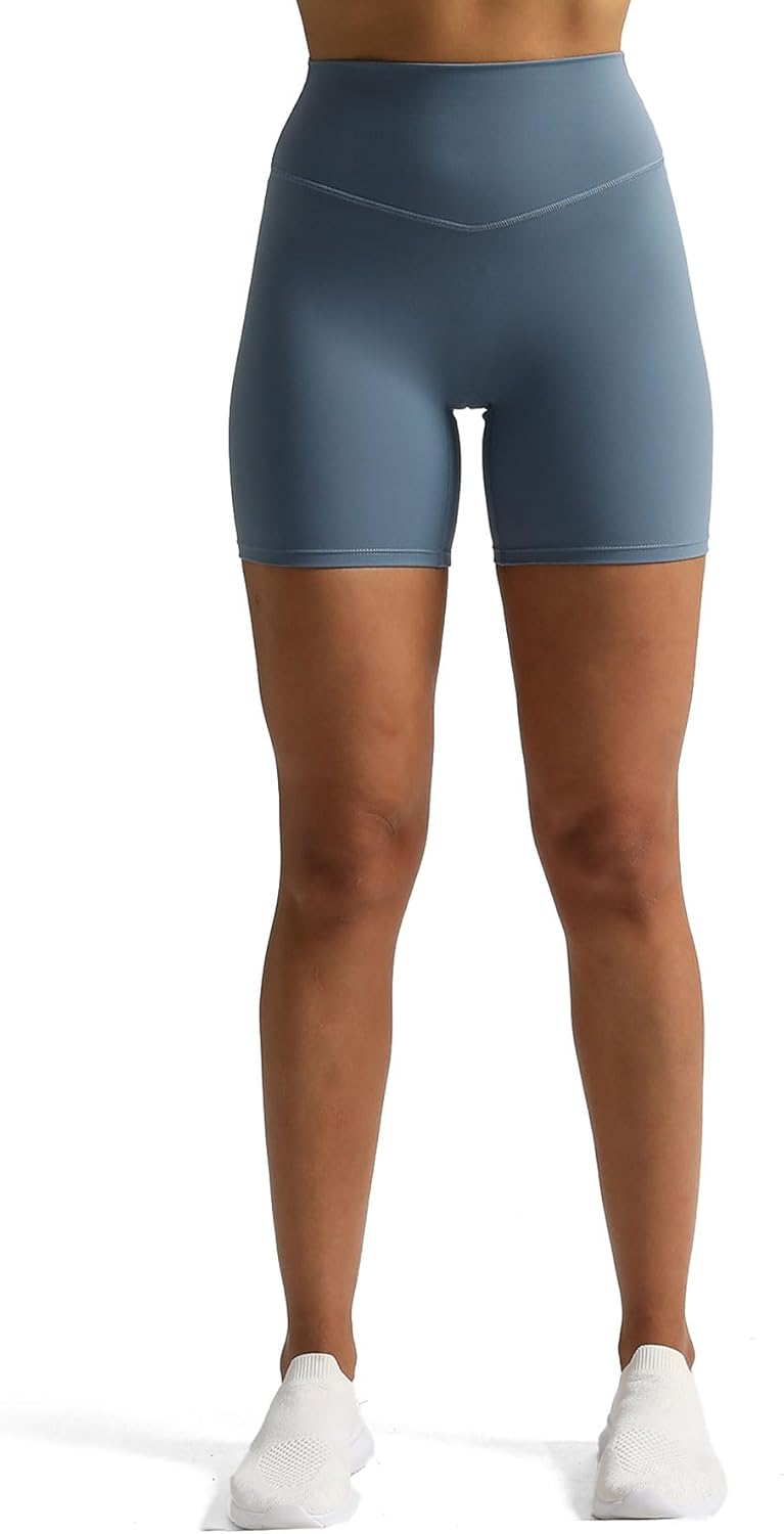 Aoxjox Metamorph Workout Biker Shorts for Women Tummy Control High Waisted Athletic Gym Running Deep V Yoga Shorts 6quotSteel Blue