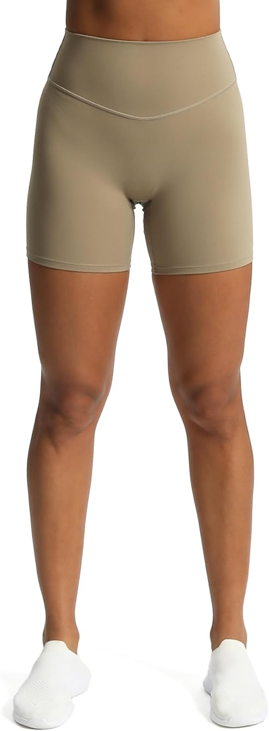 Aoxjox Metamorph Workout Biker Shorts for Women Tummy Control High Waisted Athletic Gym Running Deep V Yoga Shorts 6quotTaupe