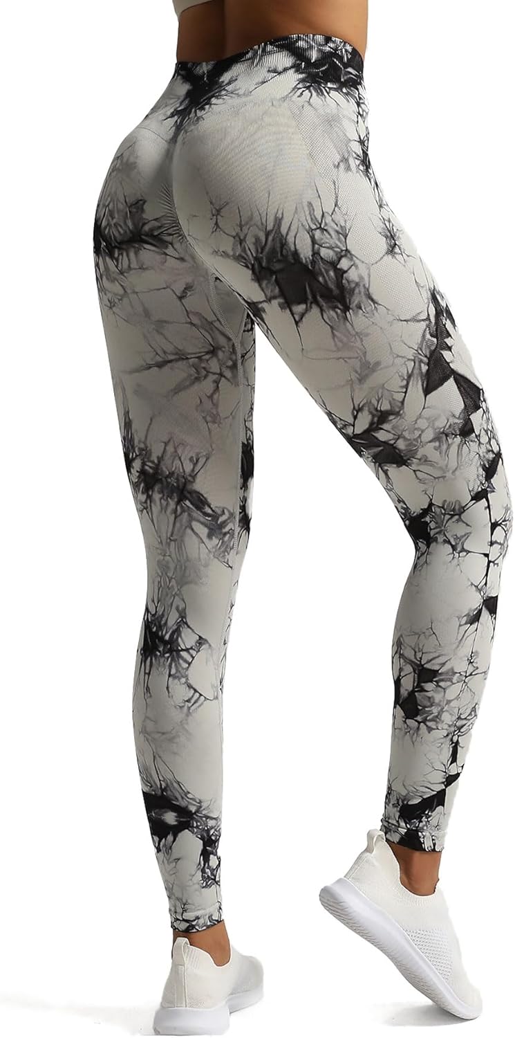 Aoxjox Seamless Scrunch Legging for Women Asset Tummy Control Workout Gym Fitness Sport Active Yoga Pants 22A Tiedye Black
