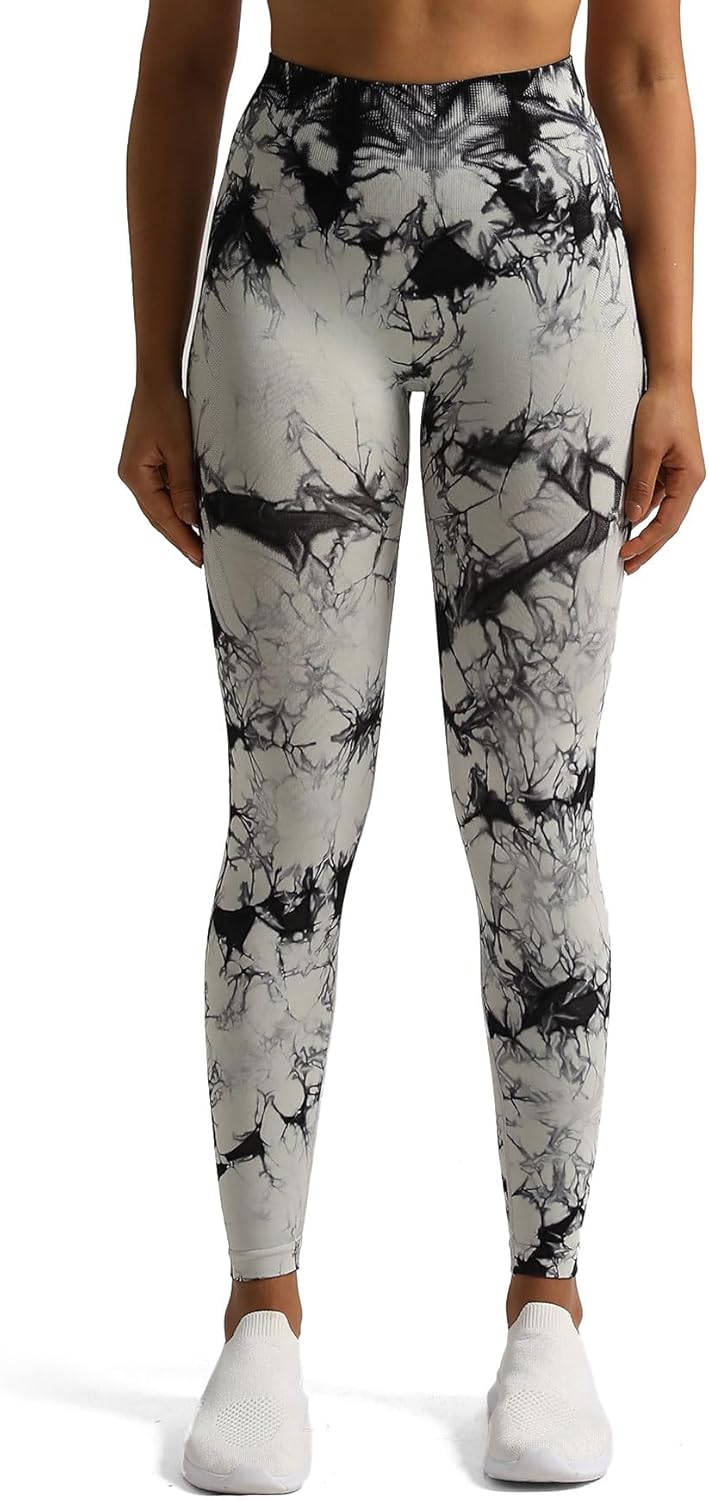 Aoxjox Seamless Scrunch Legging for Women Asset Tummy Control Workout Gym Fitness Sport Active Yoga Pants 22A Tiedye Black