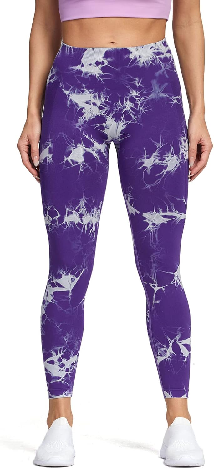 Aoxjox Seamless Scrunch Legging for Women Asset Tummy Control Workout Gym Fitness Sport Active Yoga Pants 22A Tiedye Purple