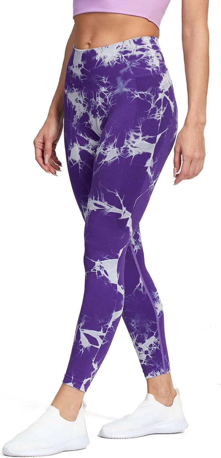 Aoxjox Seamless Scrunch Legging for Women Asset Tummy Control Workout Gym Fitness Sport Active Yoga Pants 22A Tiedye Purple