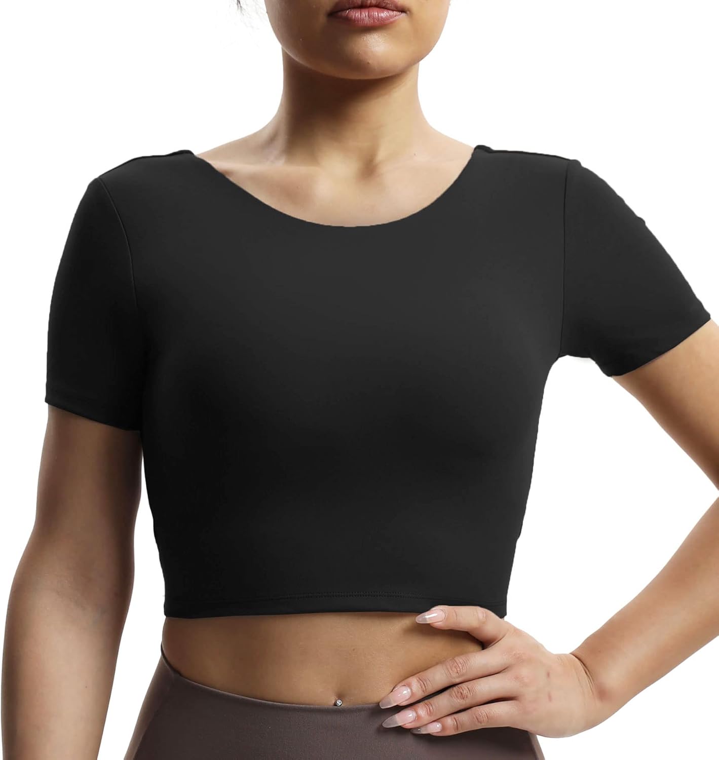 Aoxjox Short Sleeve Crop Tops for Women Emma Backless Twist Back Workout Crop T Shirt TopBlack