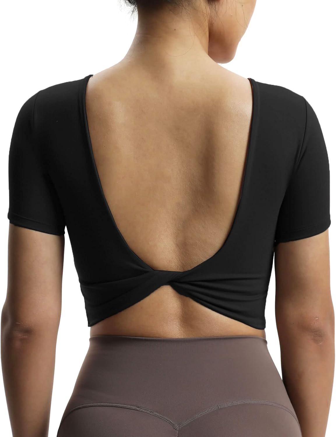 Aoxjox Short Sleeve Crop Tops for Women Emma Backless Twist Back Workout Crop T Shirt TopBlack