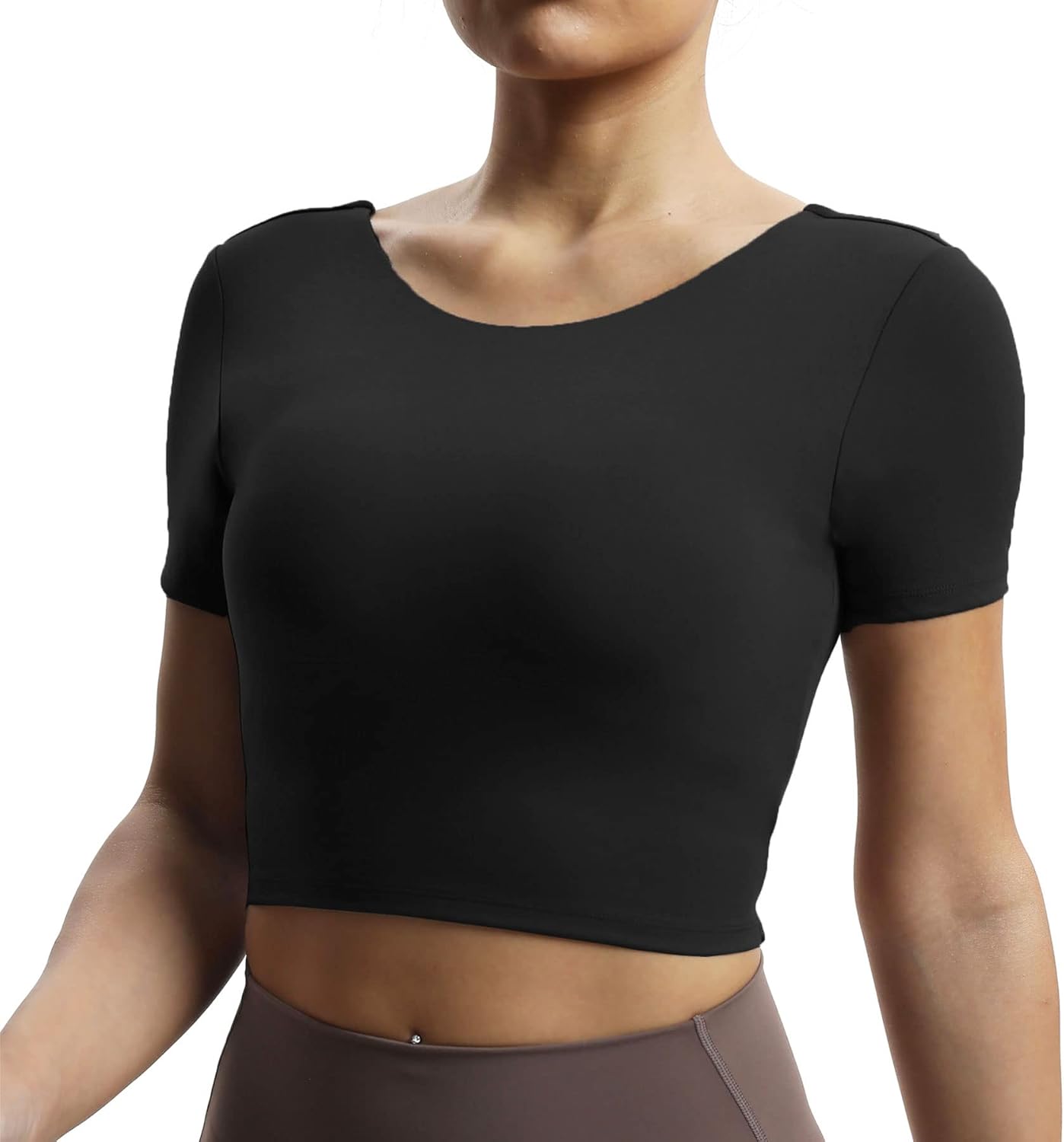Aoxjox Short Sleeve Crop Tops for Women Emma Backless Twist Back Workout Crop T Shirt TopBlack