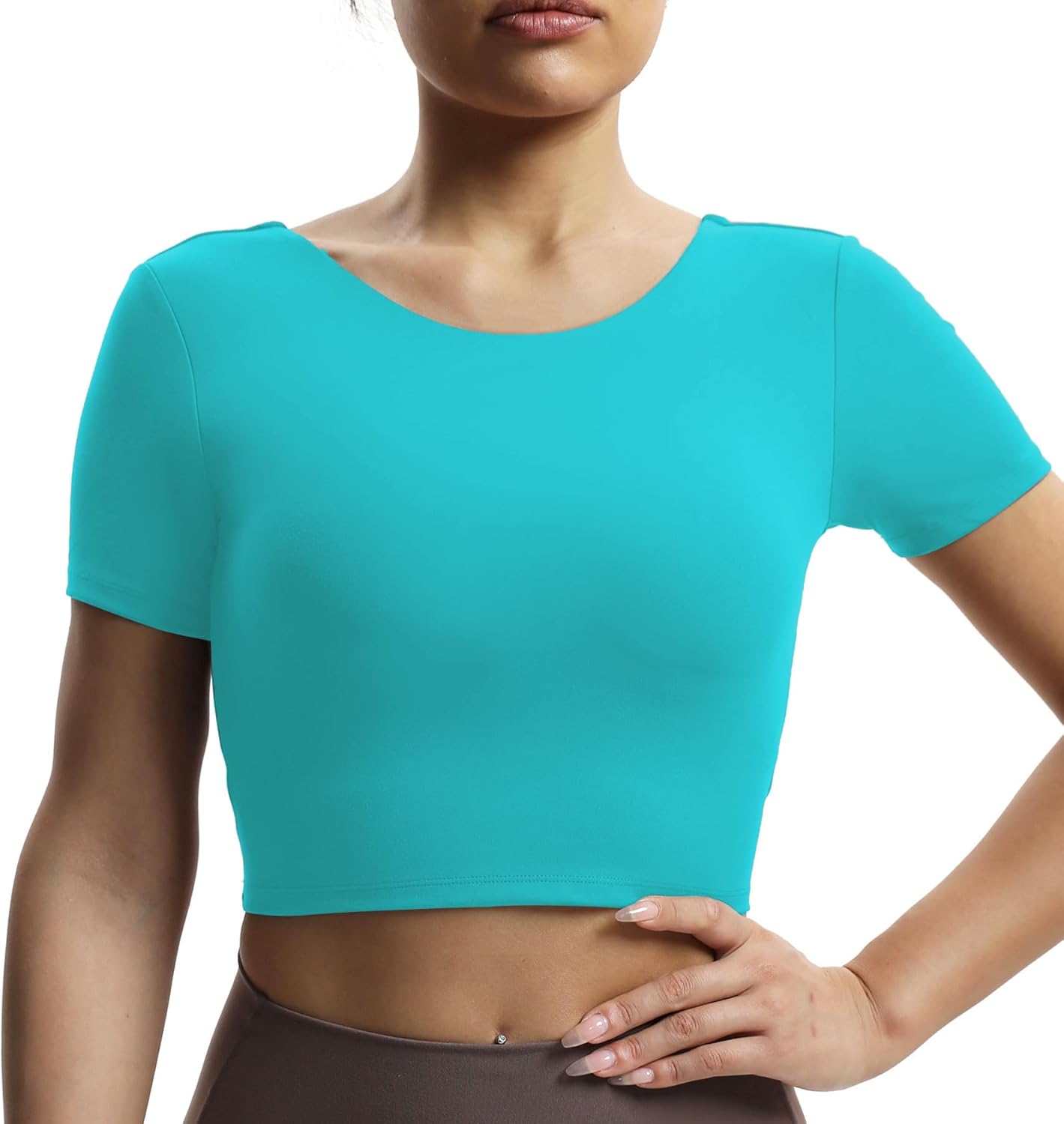 Aoxjox Short Sleeve Crop Tops for Women Emma Backless Twist Back Workout Crop T Shirt TopCascade Blue
