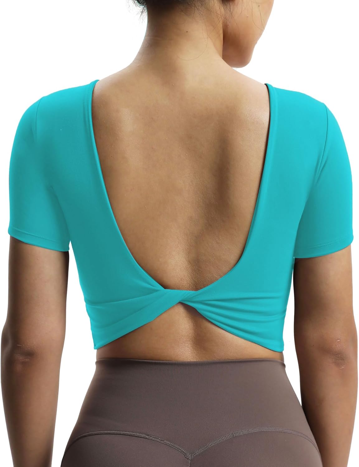Aoxjox Short Sleeve Crop Tops for Women Emma Backless Twist Back Workout Crop T Shirt TopCascade Blue