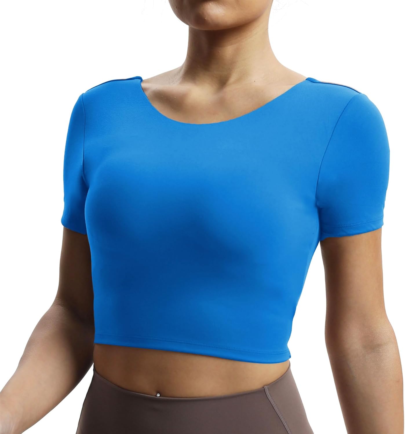 Aoxjox Short Sleeve Crop Tops for Women Emma Backless Twist Back Workout Crop T Shirt TopDirectoire Blue