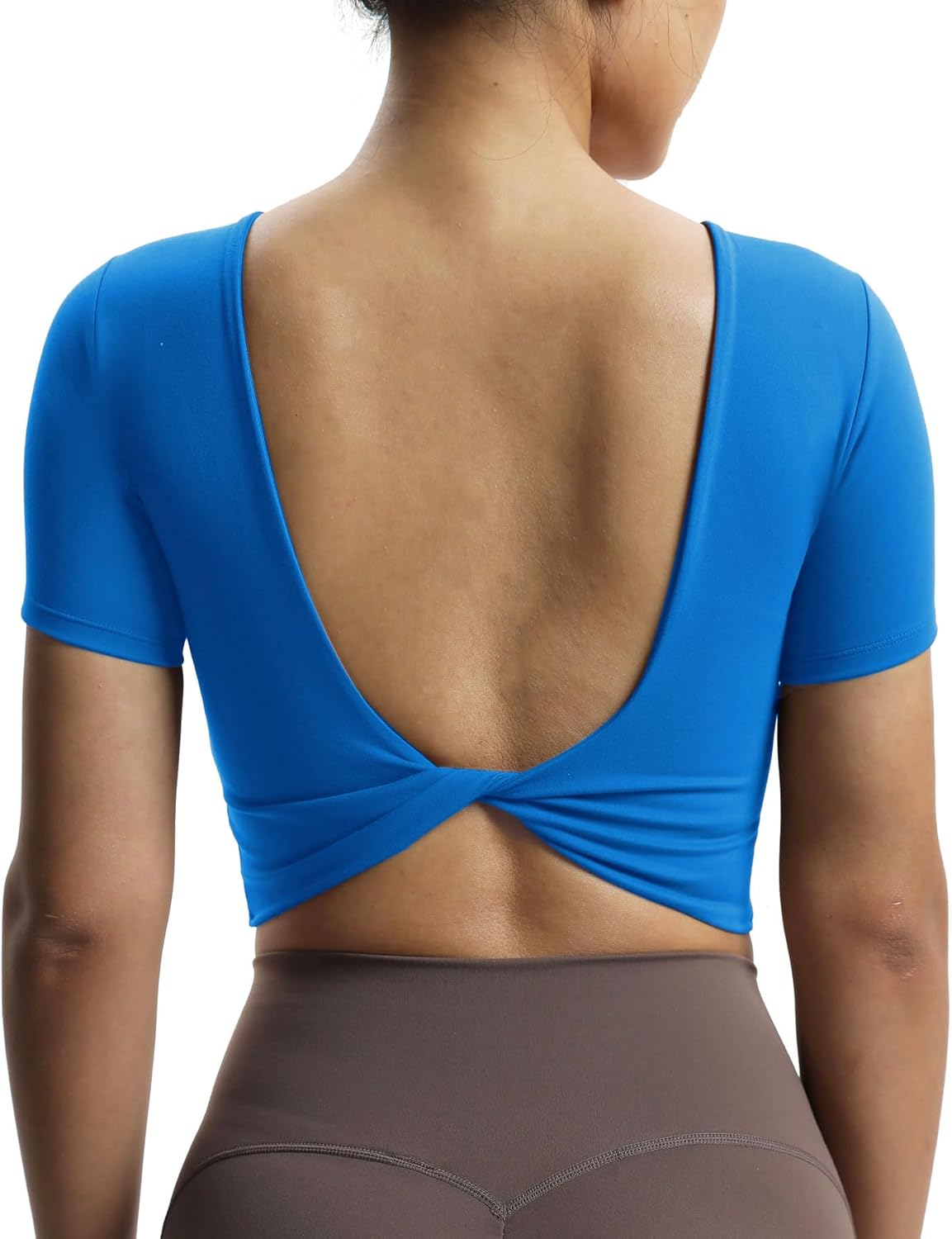 Aoxjox Short Sleeve Crop Tops for Women Emma Backless Twist Back Workout Crop T Shirt TopDirectoire Blue