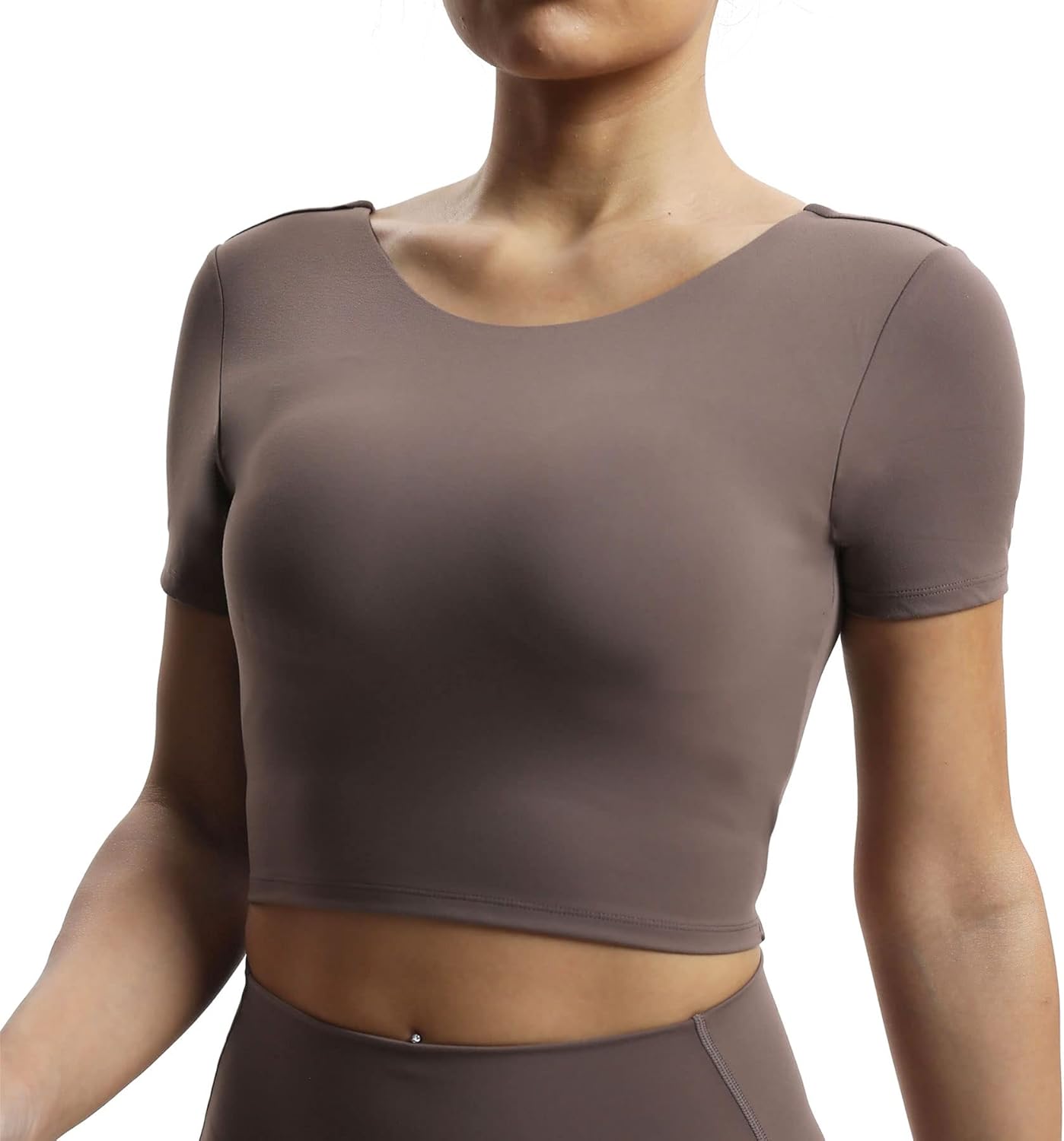 Aoxjox Short Sleeve Crop Tops for Women Emma Backless Twist Back Workout Crop T Shirt TopFudge Coffee