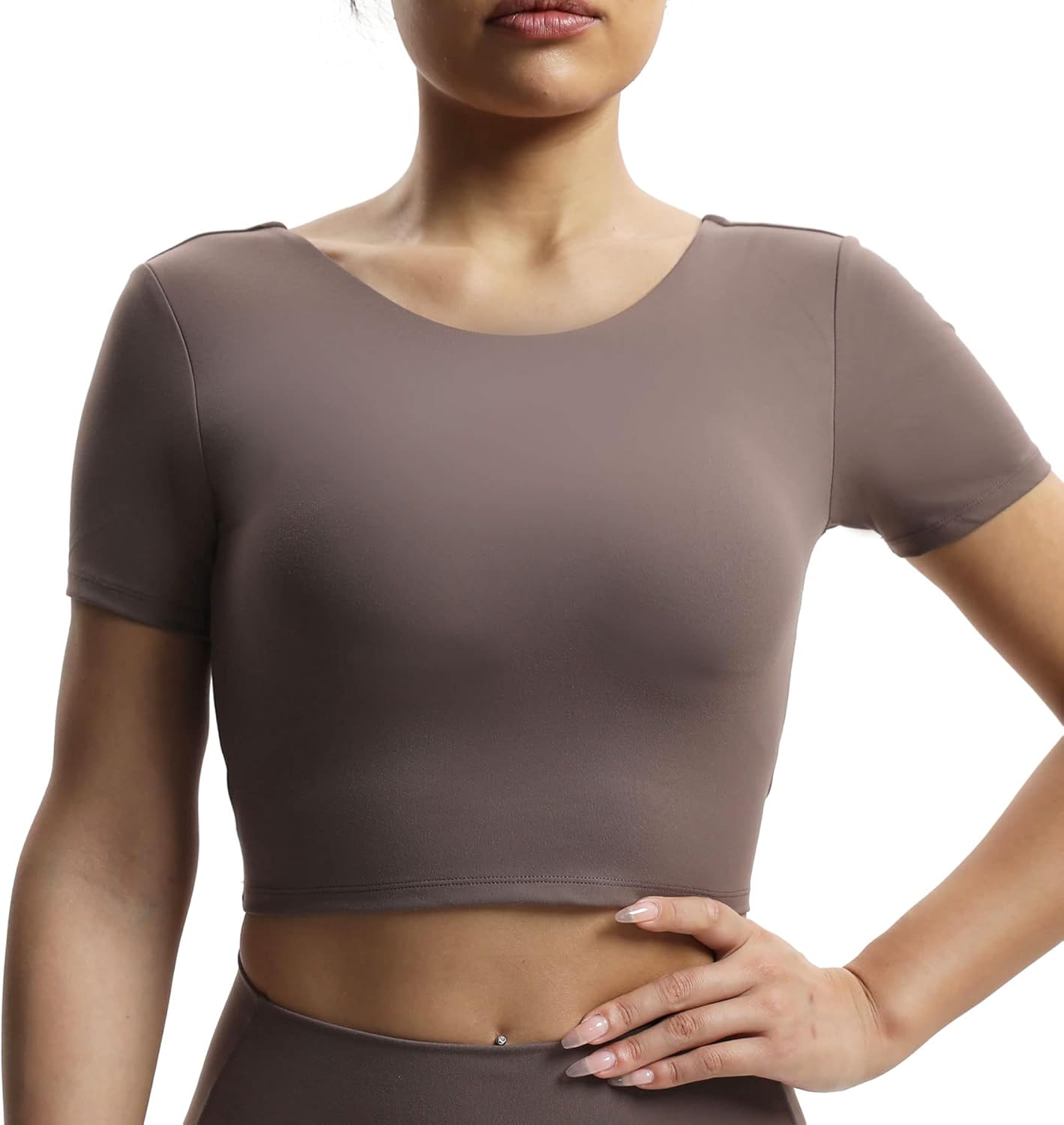 Aoxjox Short Sleeve Crop Tops for Women Emma Backless Twist Back Workout Crop T Shirt TopFudge Coffee