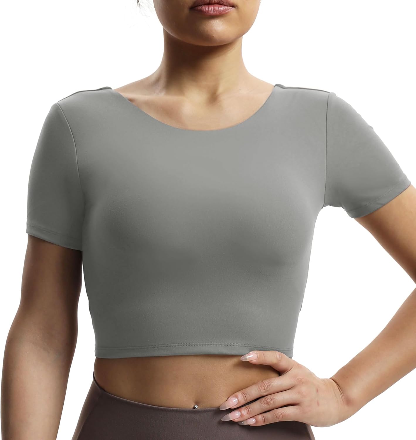 Aoxjox Short Sleeve Crop Tops for Women Emma Backless Twist Back Workout Crop T Shirt TopGrey