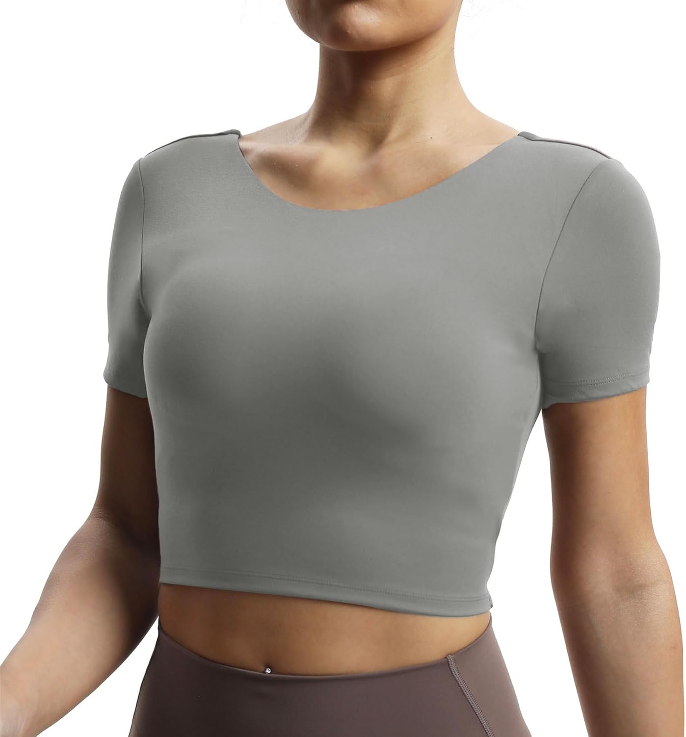 Aoxjox Short Sleeve Crop Tops for Women Emma Backless Twist Back Workout Crop T Shirt TopGrey