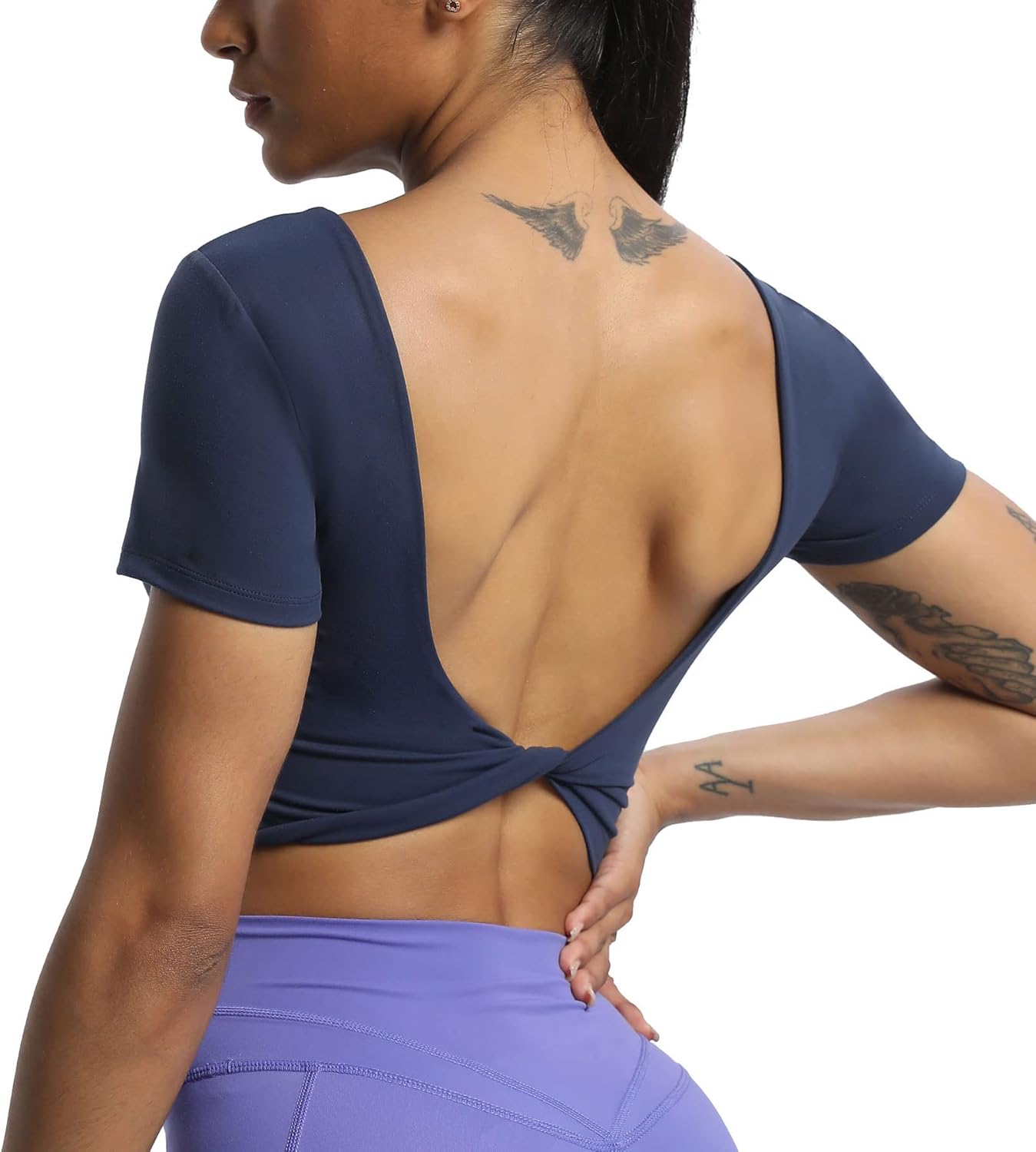 Aoxjox Short Sleeve Crop Tops for Women Emma Backless Twist Back Workout Crop T Shirt TopNavy