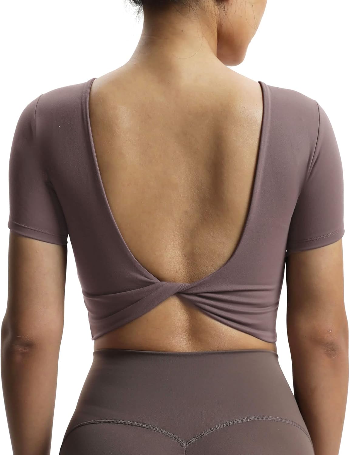 Aoxjox Short Sleeve Crop Tops for Women Emma Backless Twist Back Workout Crop T Shirt TopPlum Truffle