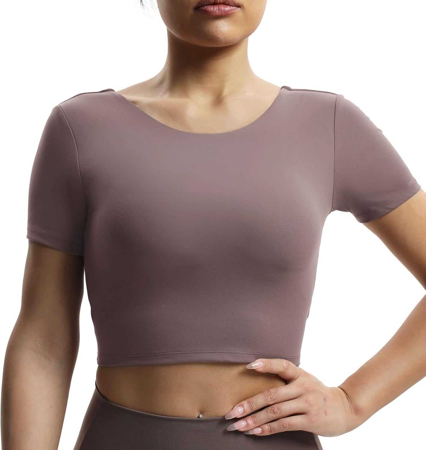 Aoxjox Short Sleeve Crop Tops for Women Emma Backless Twist Back Workout Crop T Shirt TopPlum Truffle