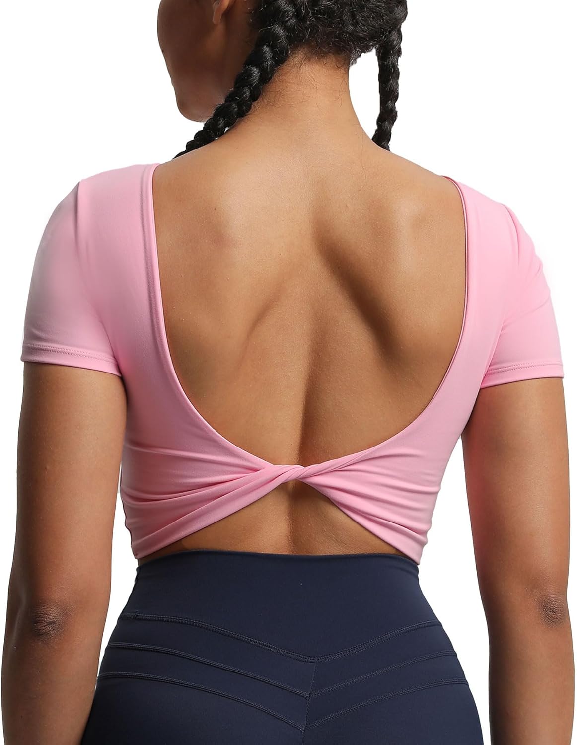 Aoxjox Short Sleeve Crop Tops for Women Emma Backless Twist Back Workout Crop T Shirt TopPrism Pink