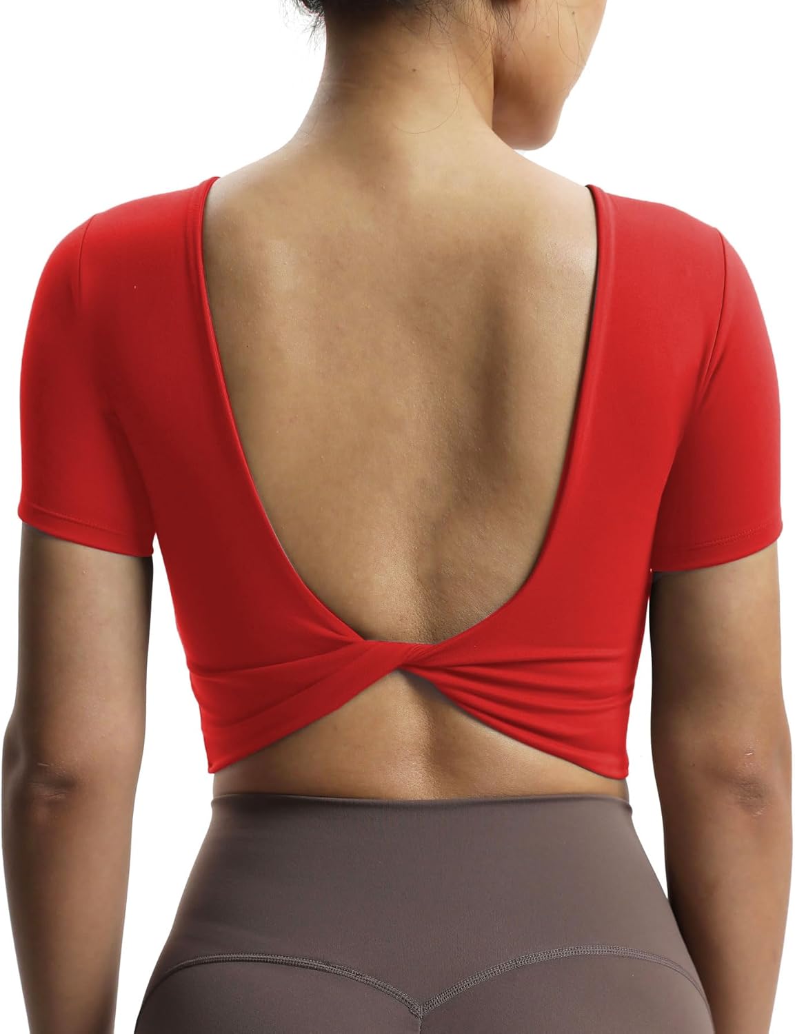 Aoxjox Short Sleeve Crop Tops for Women Emma Backless Twist Back Workout Crop T Shirt TopRacing Red