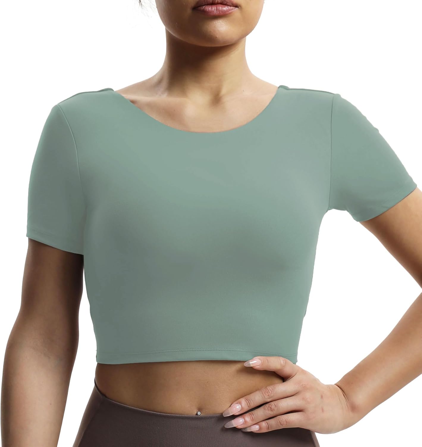 Aoxjox Short Sleeve Crop Tops for Women Emma Backless Twist Back Workout Crop T Shirt TopSage Green
