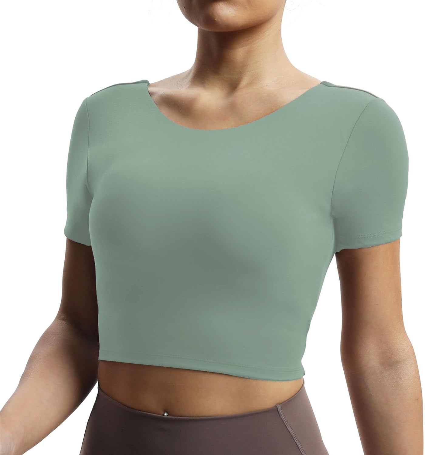 Aoxjox Short Sleeve Crop Tops for Women Emma Backless Twist Back Workout Crop T Shirt TopSage Green