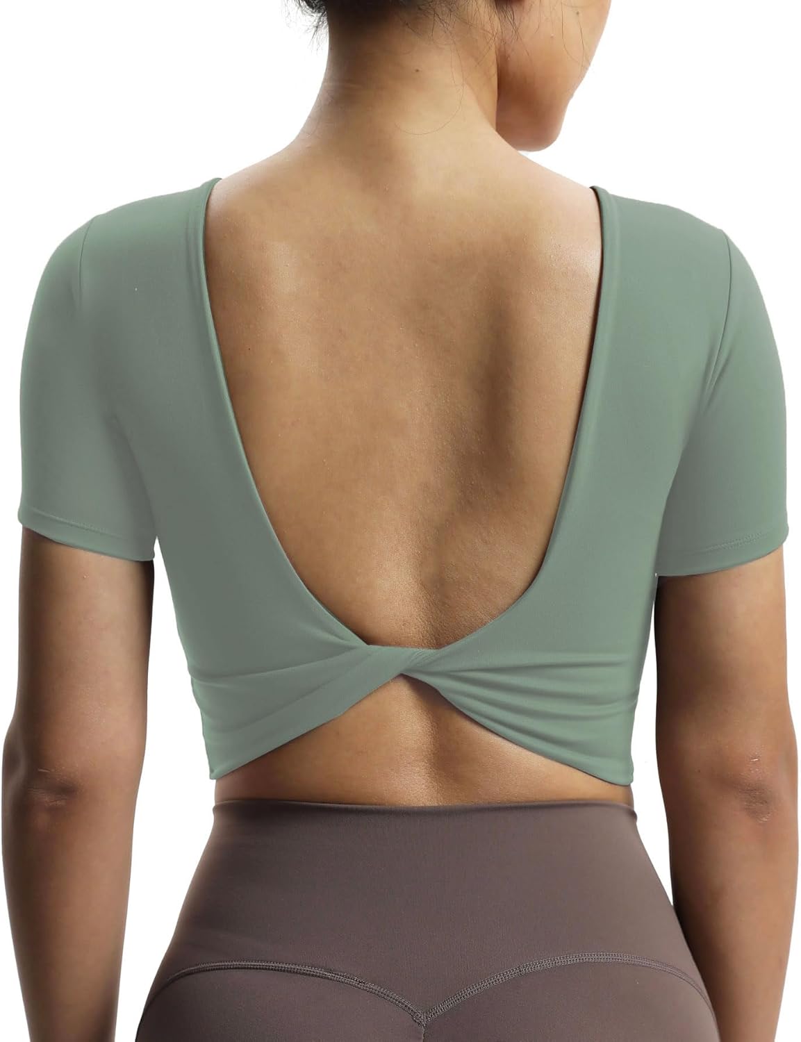 Aoxjox Short Sleeve Crop Tops for Women Emma Backless Twist Back Workout Crop T Shirt TopSage Green