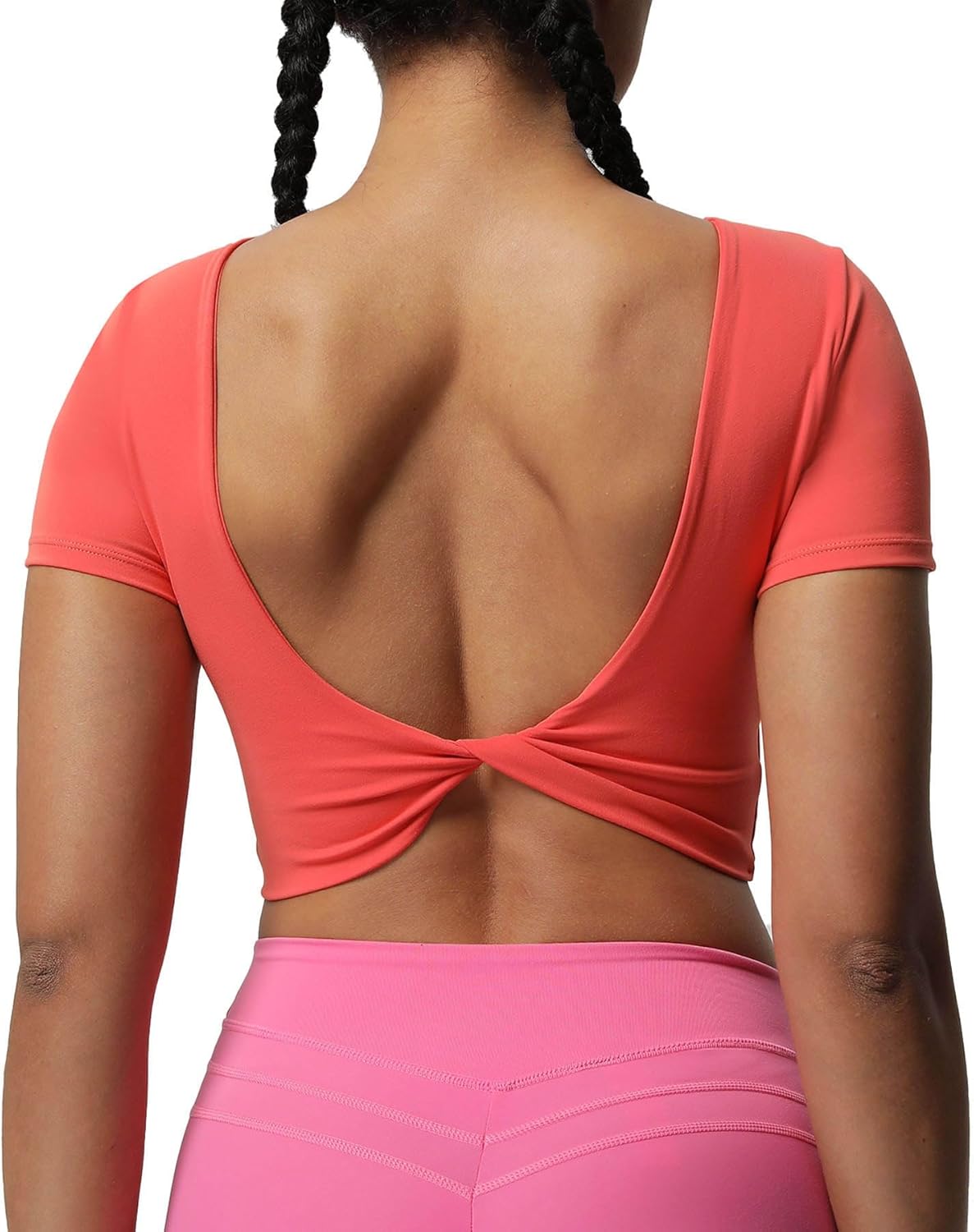 Aoxjox Short Sleeve Crop Tops for Women Emma Backless Twist Back Workout Crop T Shirt TopSpiced Coral
