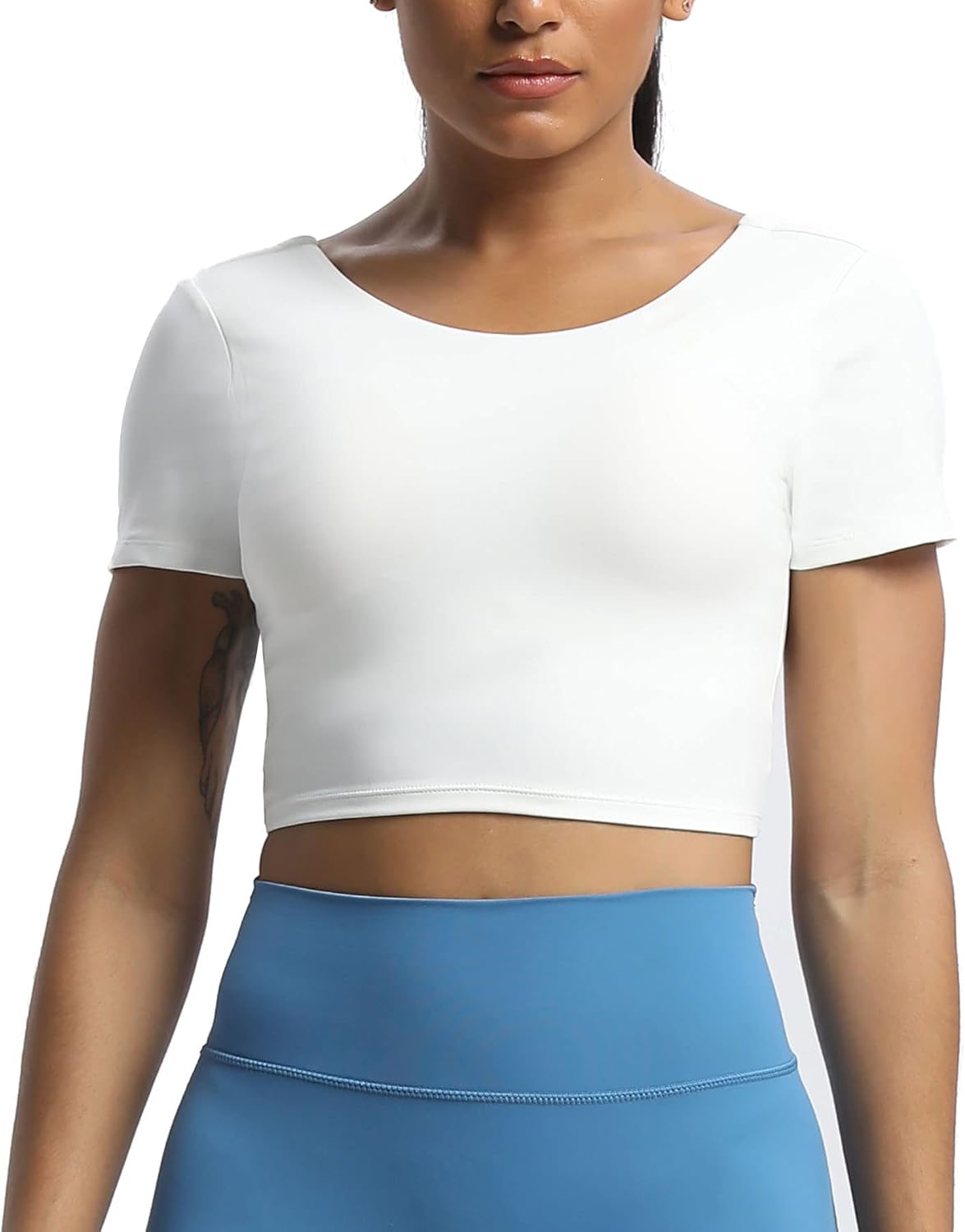 Aoxjox Short Sleeve Crop Tops for Women Emma Backless Twist Back Workout Crop T Shirt TopWhite