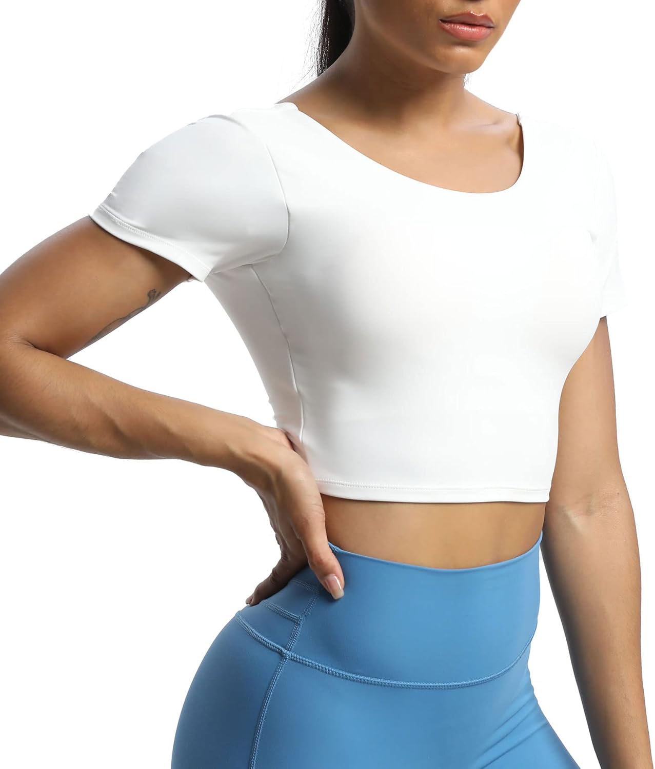 Aoxjox Short Sleeve Crop Tops for Women Emma Backless Twist Back Workout Crop T Shirt TopWhite