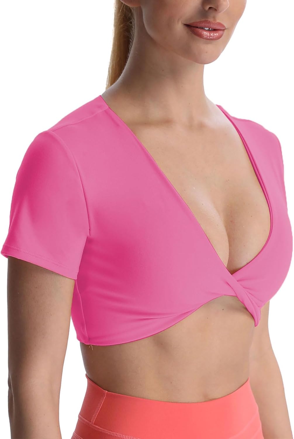 Aoxjox Short Sleeve Crop Tops for Women Sienna Twist Deep V Workout Crop T Shirt TopAzalea Pink