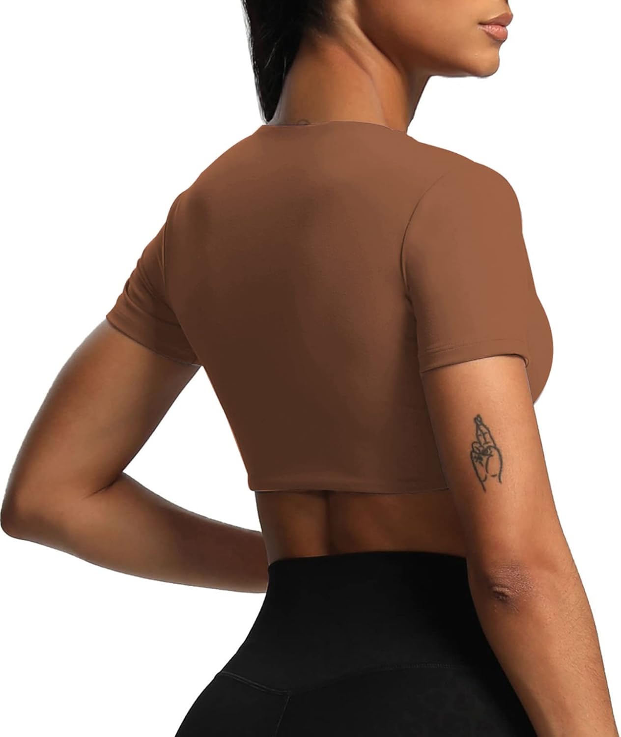 Aoxjox Short Sleeve Crop Tops for Women Sienna Twist Deep V Workout Crop T Shirt TopDandelion Brown