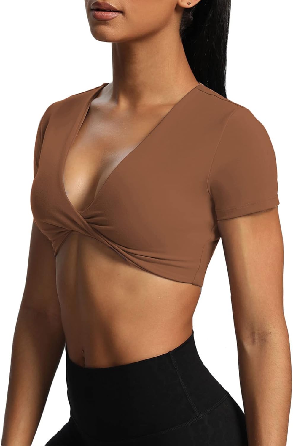 Aoxjox Short Sleeve Crop Tops for Women Sienna Twist Deep V Workout Crop T Shirt TopDandelion Brown