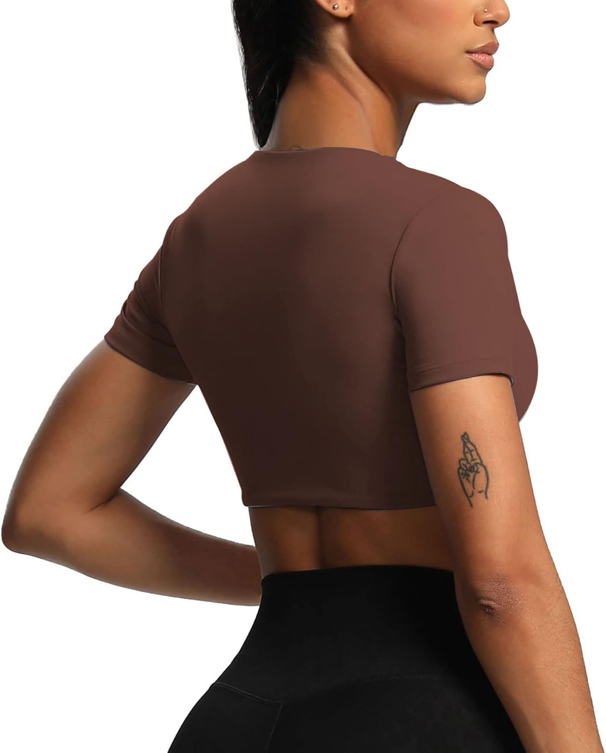 Aoxjox Short Sleeve Crop Tops for Women Sienna Twist Deep V Workout Crop T Shirt TopDark Brown